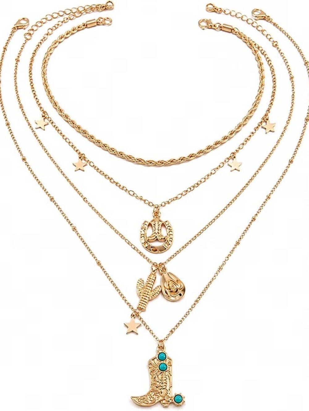 Western Cowboy Necklace Turquoise Layered Chain Boho Country Western
